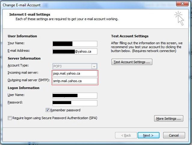 what are outlook account settings for yahoo mail